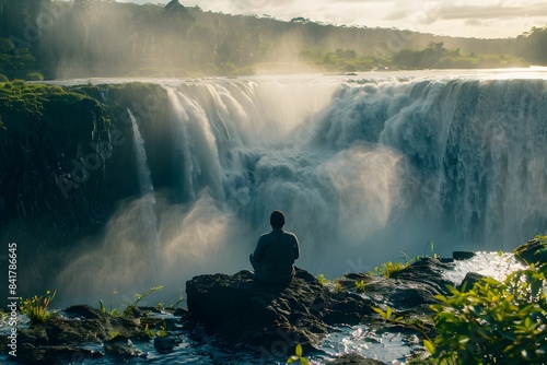 A lone individual meditates by a vast waterfall, enveloped in mist and surrounded by the lush greenery of the serene landscape. photo