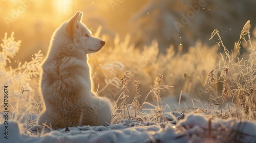 Akita of white color during the late afternoon photo