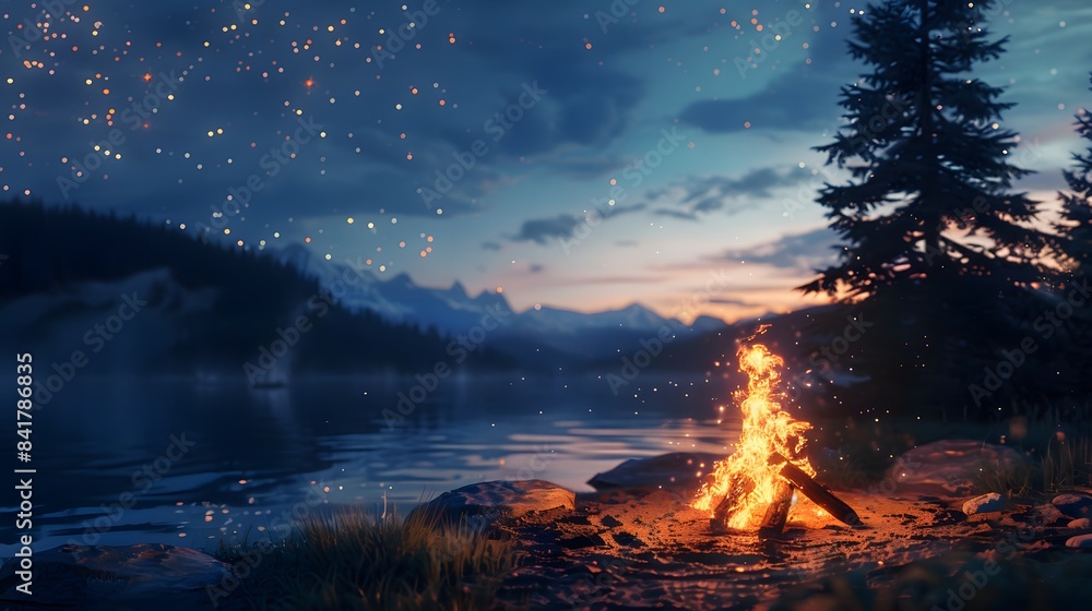 A serene campfire by the lake under a starry night sky, surrounded by trees and mountains at dusk, creating a tranquil wilderness scene. A serene campfire by the lake under a starry night sky, surrounded by trees and mountains at dusk, creating a tranquil wilderness scene.
