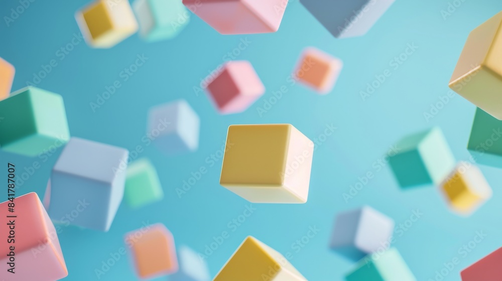 Floating pastel-colored cubes on blue background, geometric abstract concept Floating pastel-colored cubes on blue background, geometric abstract concept