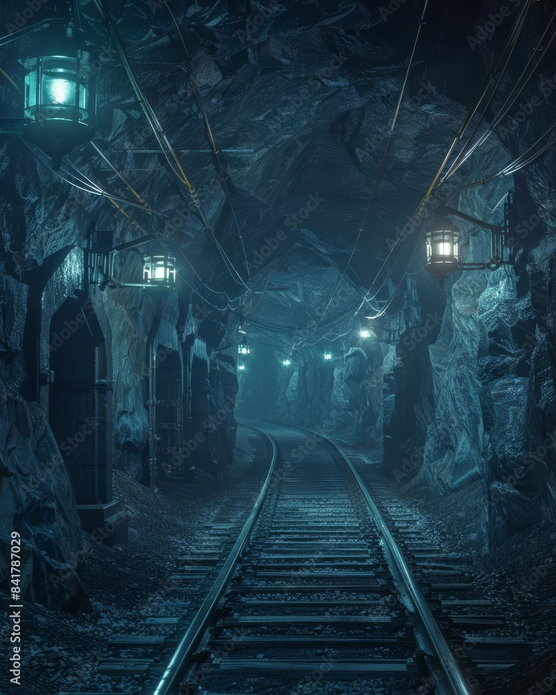 Naklejka premium Abandoned mining tunnel with tracks, dark and mysterious, glowing lamps, high detail