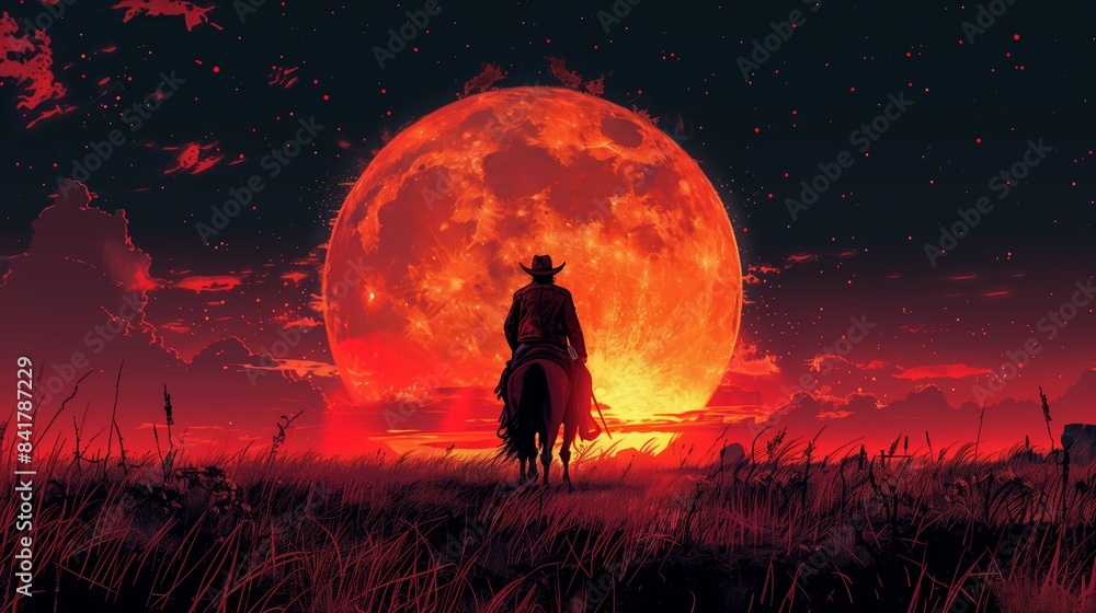 Fototapeta premium Cowboy Riding Horse Silhouetted Against Large Red Moon at Night
