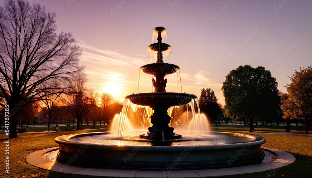 fountain standing in the park against the backdrop of sunset fountain standing in the park against the backdrop of sunset