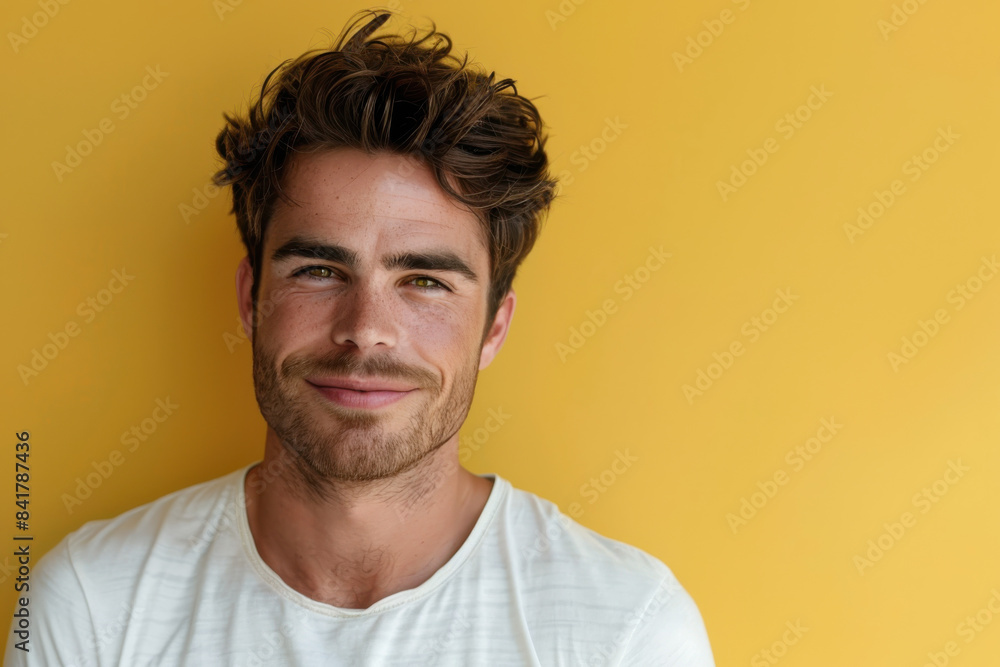 A close up portrait of a young man with a subtle smile A close up portrait of a young man with a subtle smile