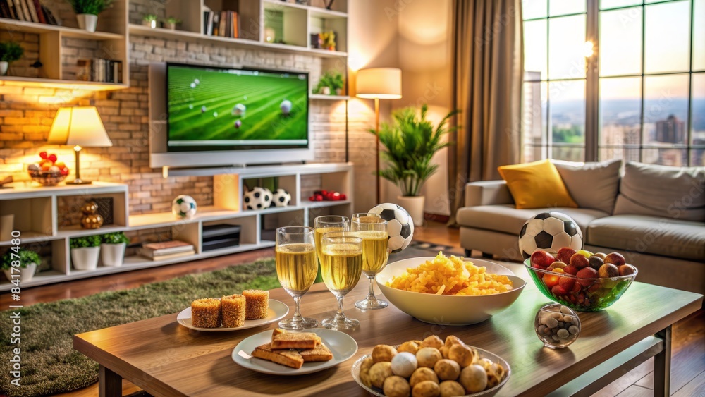 Cozy living room setting with soccer-themed decorations, snacks, and drinks, featuring a large screen tv displaying a soccer match, capturing the excitement of game day.
