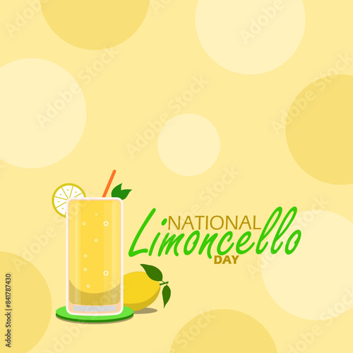 National Limoncello Day event banner. A glass of limoncello drink with lemon on light yellow background to celebrate on June 22nd