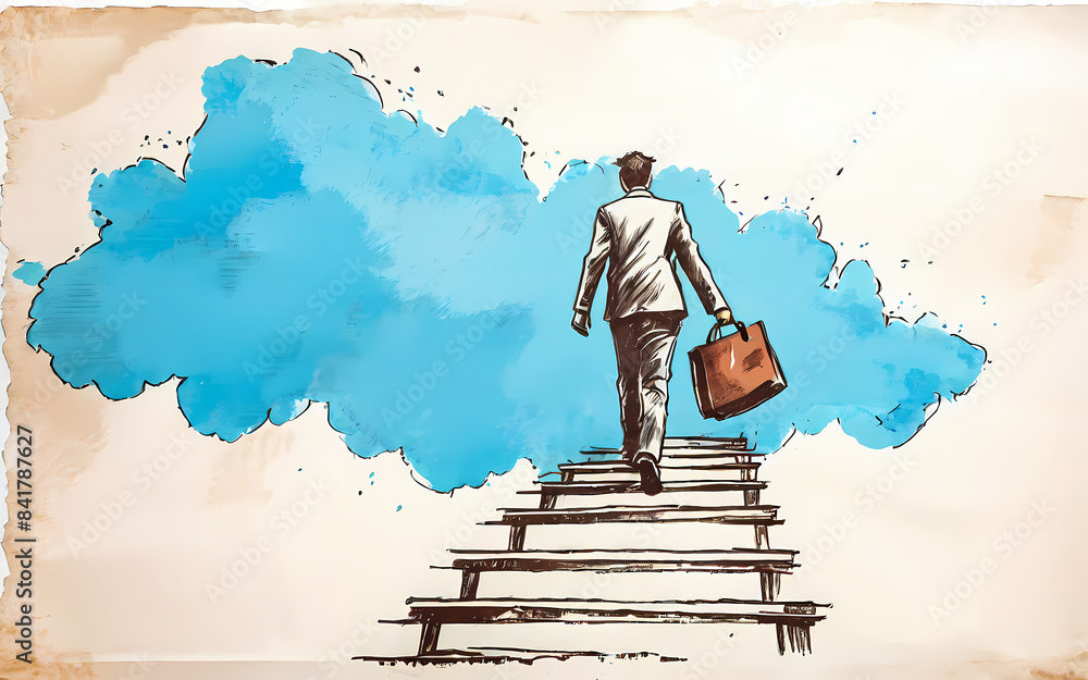 A businessmen carrying a bag walking to the clouds, collage styles, simple sketch, goal, success concept A businessmen carrying a bag walking to the clouds, collage styles, simple sketch, goal, success concept