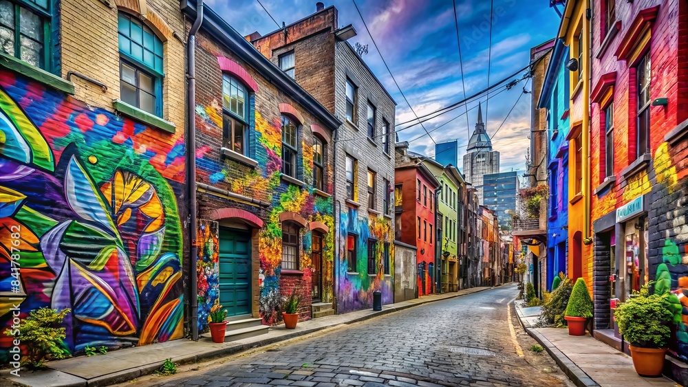 Fototapeta premium Vibrant city street scene with diverse architectural styles, colorful graffiti, and lively atmosphere, capturing the essence of urban friendship and togetherness without any individuals present.
