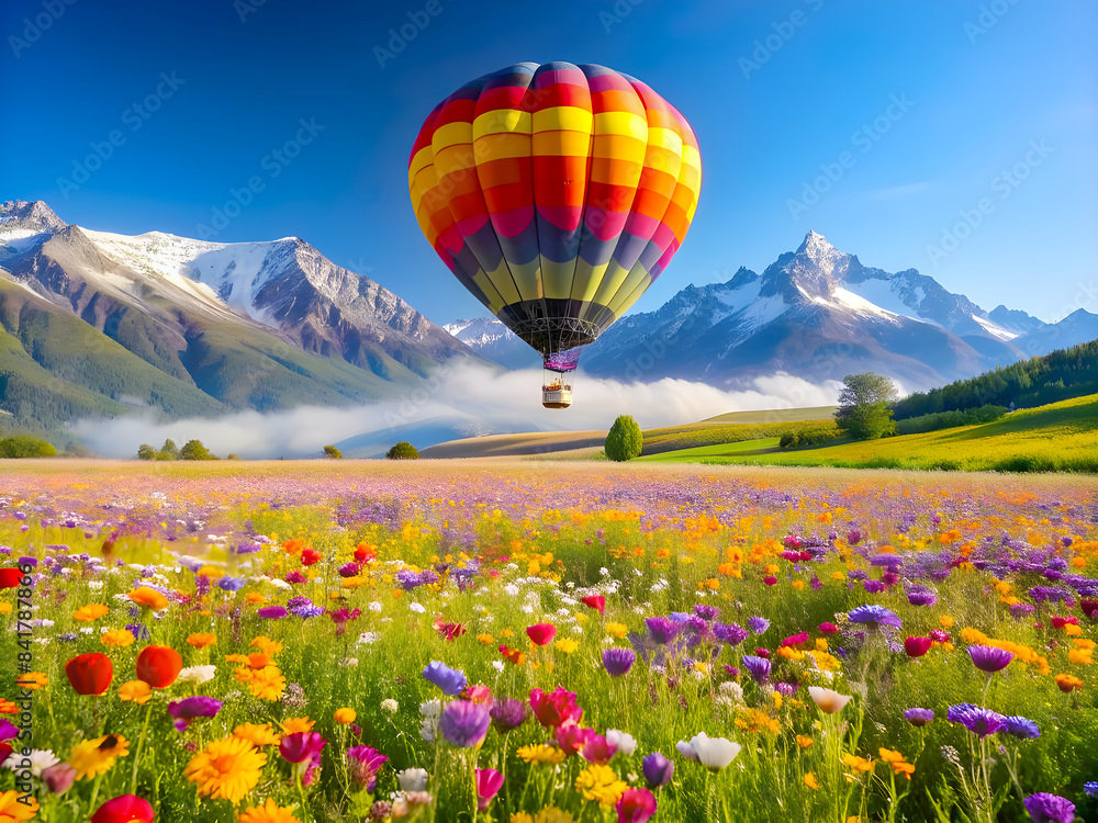 Fototapeta premium Hot air balloon over cosmos flower with blue sky 