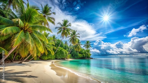 Serene tropical beach scene with calm turquoise waters  lush green palm trees  and soft golden sand under a bright blue sunny sky.