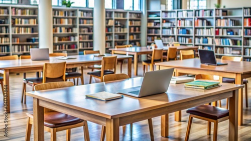 Wallpaper Mural empty table with scattered books, laptops, and notebooks in a quiet high school library, conveying a sense of collaborative learning and academic camaraderie. Torontodigital.ca