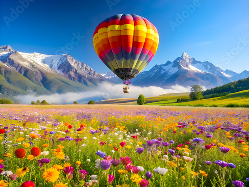 Hot air balloon over cosmos flower with blue sky 