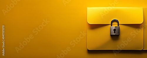 Document folder with padlock on yellow background, minimalistic, high contrast, photography, representing data security photo