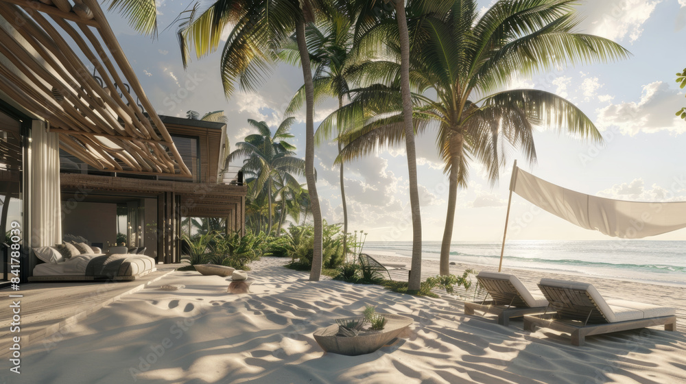 Fototapeta premium Breath-taking beachside scene with palm trees, a luxurious villa, and lounge chairs on pristine white sand under a clear blue sky.