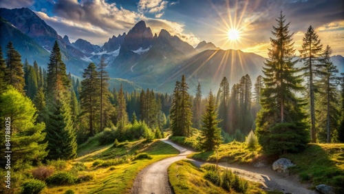 Majestic mountain landscape with a winding forest pathway, sunlight casting through trees, symbolizing triumph, accomplishment, and freedom in a serene natural environment. photo