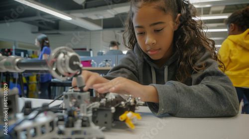 A young girl in a hoodie intensely works on a robotics project in a classroom  showcasing focus and technology learning.