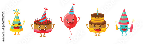 Happy Birthday Object with Funny Face and Arms Vector Set