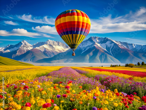 Hot air balloon over cosmos flower with blue sky 