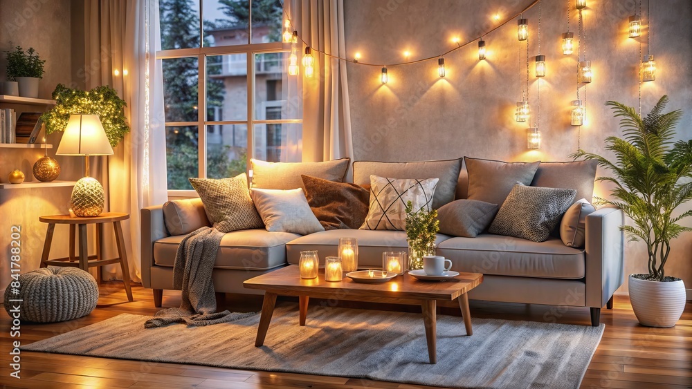 Cozy living room scene with a clutter-free sofa, soft cushions, and warm lighting, evoking feelings of relaxation and togetherness, perfect for family bonding moments.