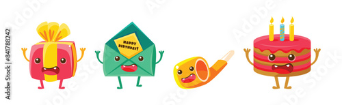 Happy Birthday Object with Funny Face and Arms Vector Set