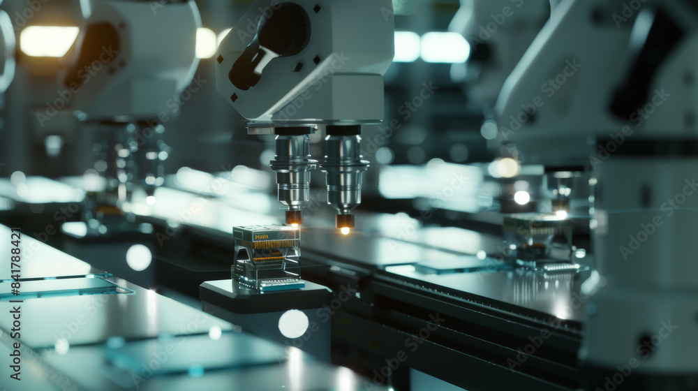 Precision robotic arms work meticulously on a high-tech assembly line in a modern manufacturing facility. Precision robotic arms work meticulously on a high-tech assembly line in a modern manufacturing facility.