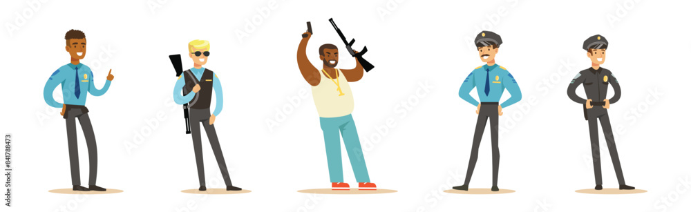 Man Criminals and Bandit Character Commit Crime Vector Set Man Criminals and Bandit Character Commit Crime Vector Set