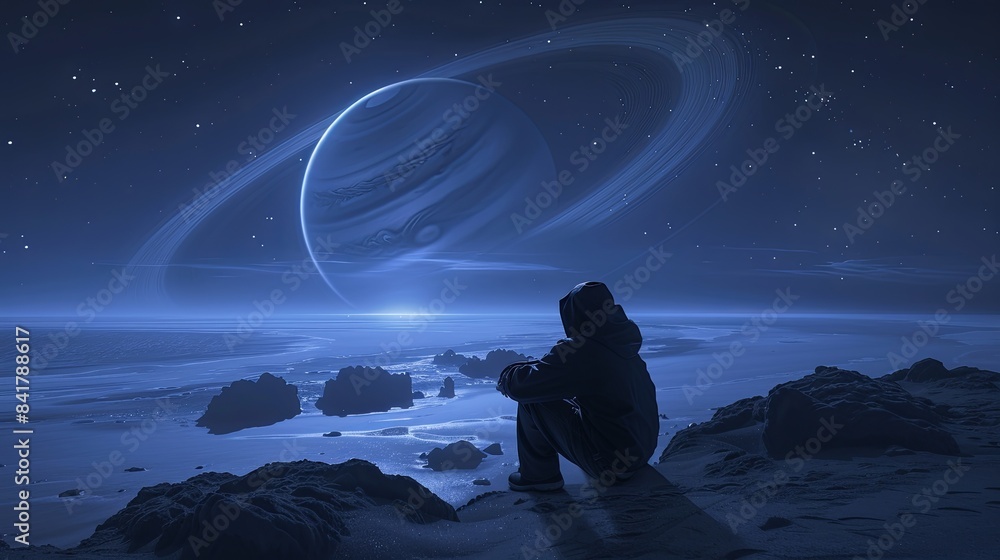 Obraz premium Silhouette of a person with a backpack standing on a hill, gazing at a giant planet and starry night sky, evoking a sense of wonder and exploration. 