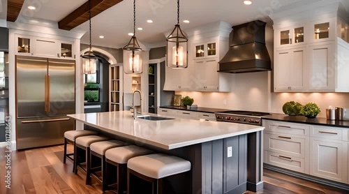 Cozy kitchen interior with cupboards, table and hanging lamp