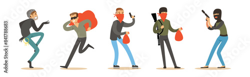 Man Criminals and Bandit Character Commit Crime Vector Set