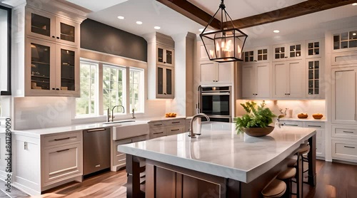 Cozy kitchen interior with cupboards, table and hanging lamp
