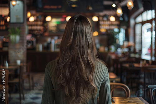 woman long brown hair sits alone table cafe. cafe bustling activity, woman appears lost in thought. spend your free time in a restaurant. delicious meal