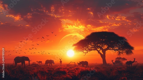 A group of animals are gathered around a tree in the wild