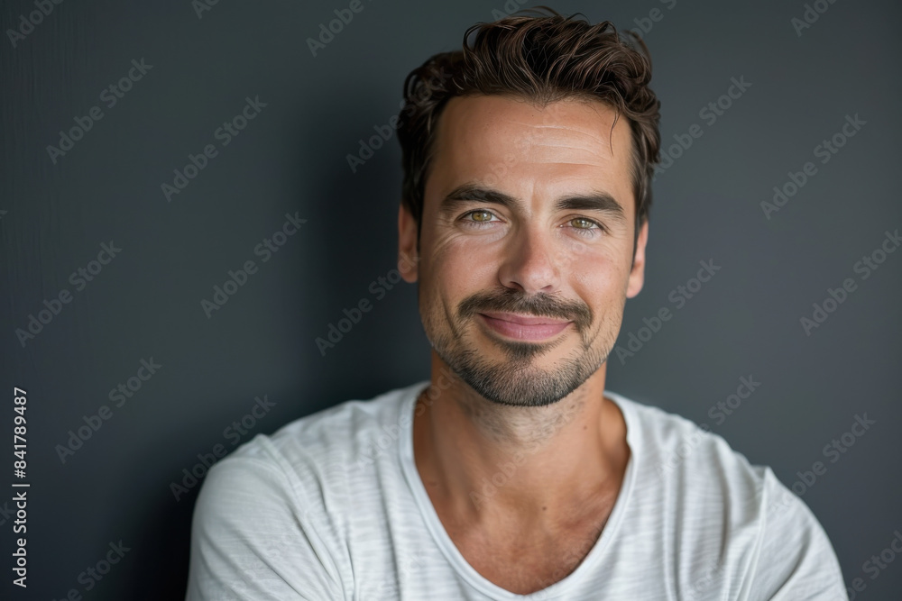 A close up portrait of a young man with a subtle smile A close up portrait of a young man with a subtle smile