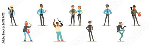 Man Criminals and Bandit Character Commit Crime Vector Set