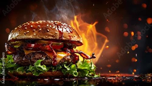 layered sliced tasty juicy double cheese burger with fresh lettuce, tomatoes, onions, pickles and melted cheese stacked high, gourmet fast food, restaurant menus, food