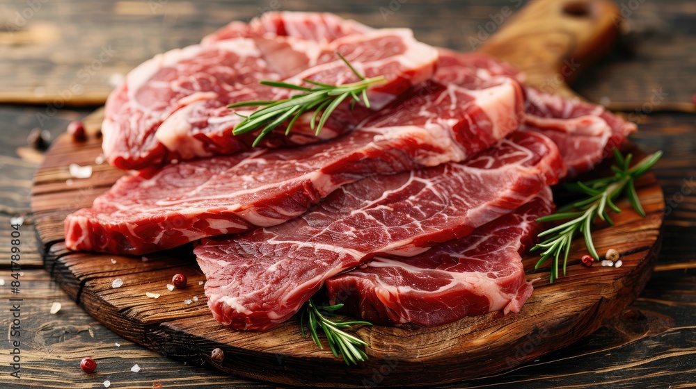 Thick slices of fatty meat on a wooden table Thick slices of fatty meat on a wooden table