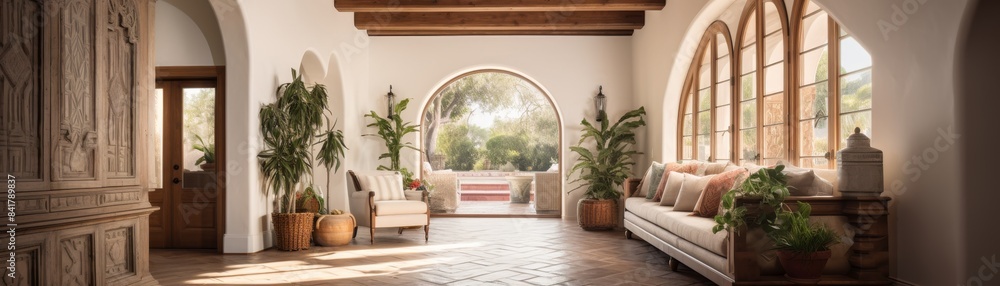 Timber beam ceiling and arched door in mediterranean style