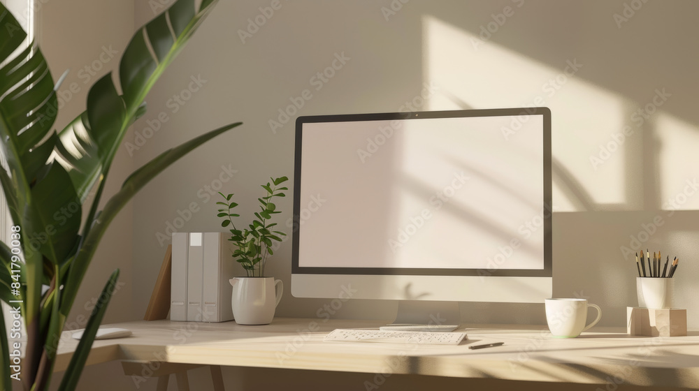 Sunlit minimalist workspace featuring a computer, a white mug, and assorted plants, creating a warm, inviting, and productive atmosphere. Sunlit minimalist workspace featuring a computer, a white mug, and assorted plants, creating a warm, inviting, and productive atmosphere.