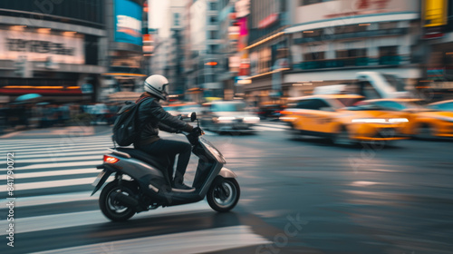 A person navigating a bustling city intersection on a scooter  embodying the motion and vibrancy of urban commutes.