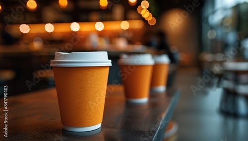 Orange paper coffee cup on table with blurred restaurant background. © saka
