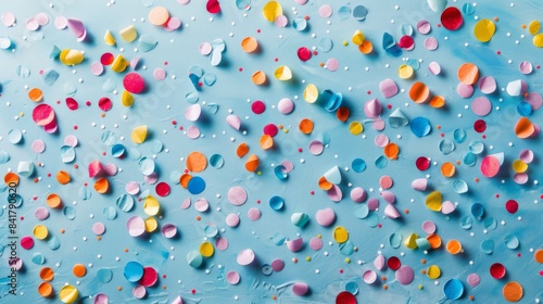 A festive background with colorful confetti scattered on a light blue surface, perfect for celebratory and joyful themes.