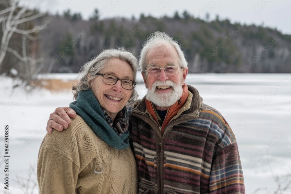 Portrait of a grinning couple in their 70s dressed in a comfy fleece pullover while standing against backdrop of a frozen winter lake Portrait of a grinning couple in their 70s dressed in a comfy fleece pullover while standing against backdrop of a frozen winter lake