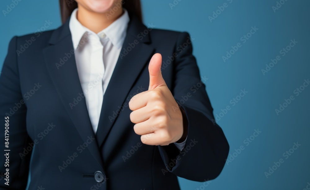 Businesswoman Giving Thumbs Up in Blue Studio Businesswoman Giving Thumbs Up in Blue Studio