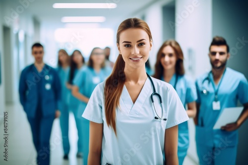 Smiling Female Nurse Leading Group of Medical Professionals Down Hospital Cor...