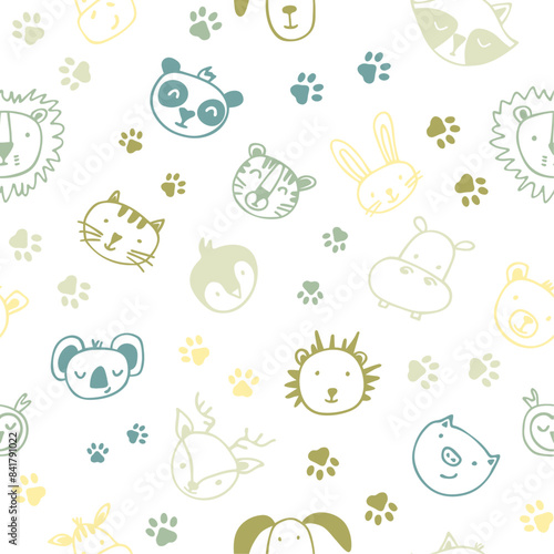Colorful simple faces animals seamless pattern doodle style. Childish background, texture for textile, fabric, wrapping. Flat graphic vector illustration