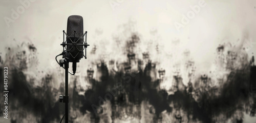 A Black And White Photo Of A Microphone In Front Of An Abstract Background