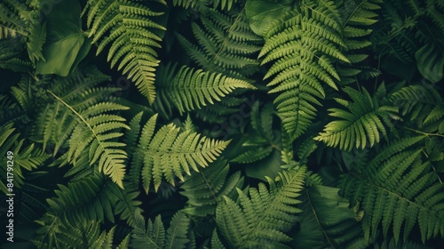 Abstract background of overlapping fern leaves  showcasing rich green textures and patterns