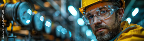 Portrait of a confident male engineer wearing a hard hat and safety glasses, standing in a modern industrial facility. photo