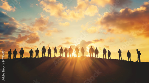 A line of individuals stand atop a hill, backlit by the vibrant colors of a setting sun, radiating a sense of togetherness and reflection. © VK Studio
