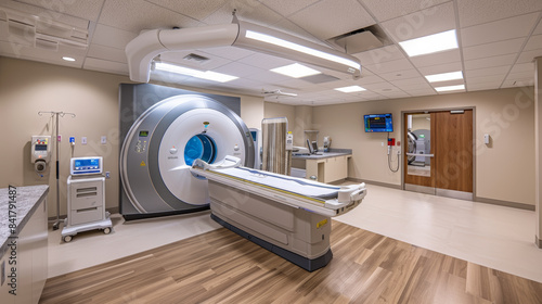 A modern MRI machine sits in a pristine medical room, surrounded by advanced equipment, perfectly blending technology with a clinical setting.